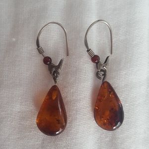 Small amber silver tone earrings from Poland